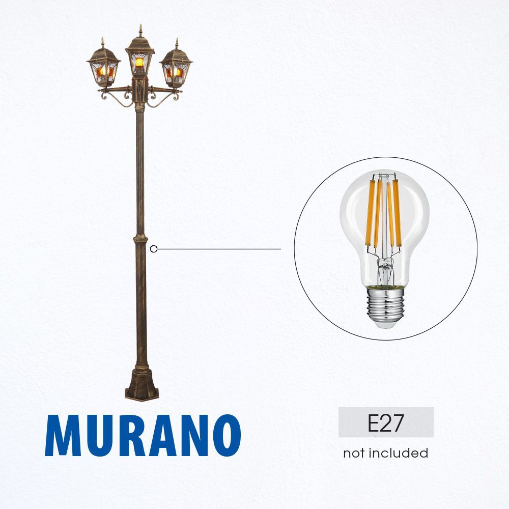 Фенер MURANO ∙ PL007 ∙ античен месинг ∙ IP44 – Троен градински фенер на стълб