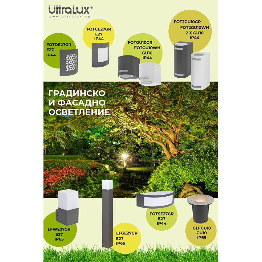 UltraLux Фасадно осветително тяло едностранно, GU10, IP44, за стена, бяло