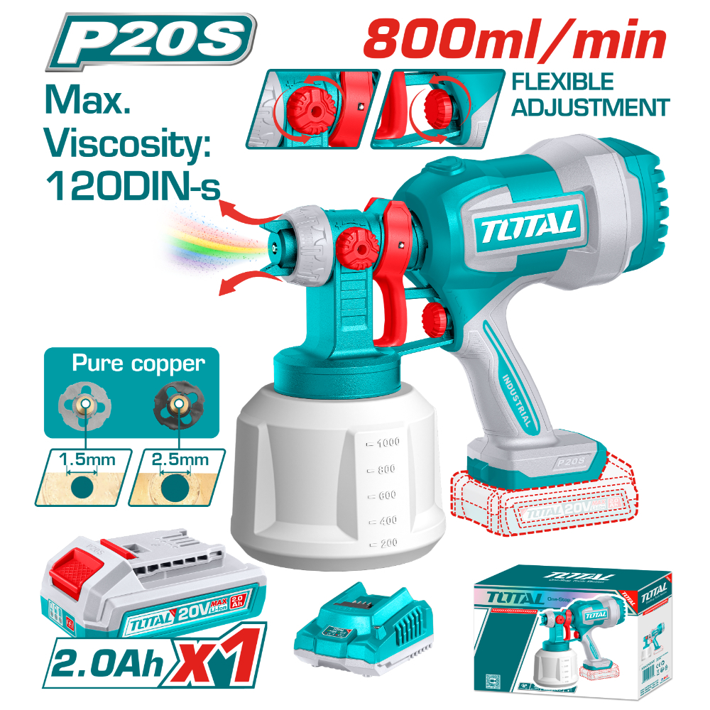 Акумулаторен пистолет за боядисване TOTAL, 20 V, 1 L, 2 Ah, комплект