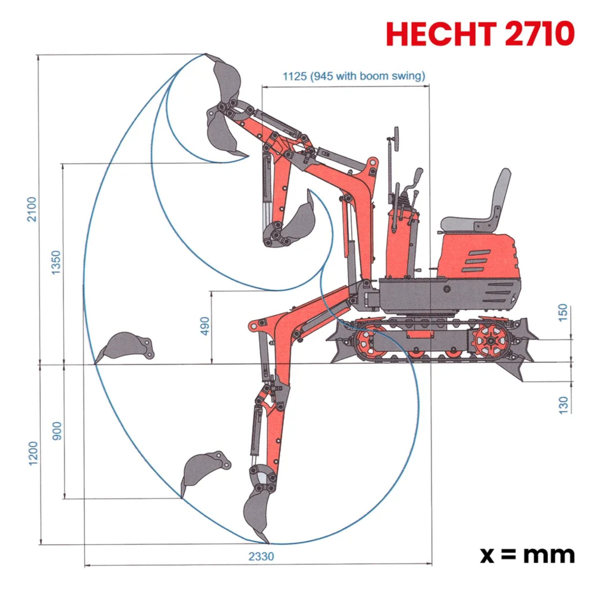 Мини багер HECHT 2710, 8.5 к.с., 306 см³, дълбочина на копаене 1200 мм
