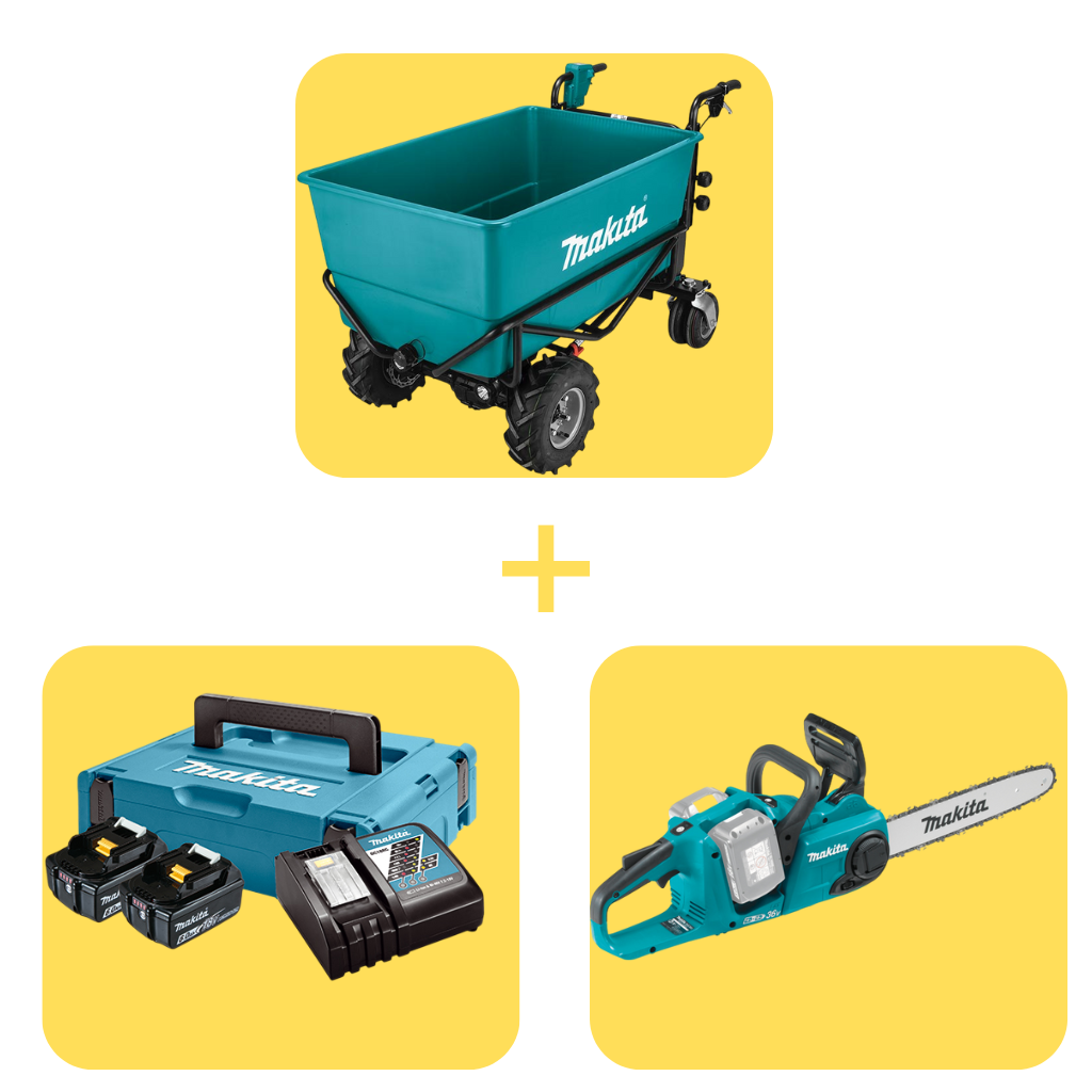 Акумулаторна количка Makita DCU605Z + Верижен трион DUC353Z + LXT батерии и зарядно