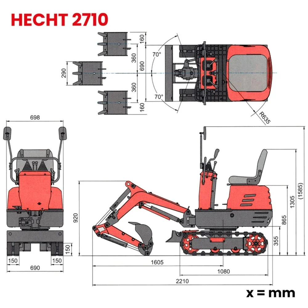 Мини багер HECHT 2710, 8.5 к.с., 306 см³, дълбочина на копаене 1200 мм
